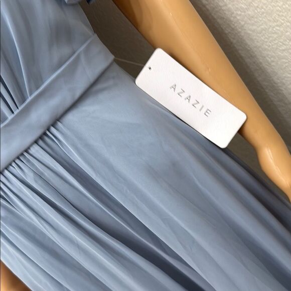 Azazie Blue Dress Maxi Scoop Neck Sheer Flutter Short Sleeve Maxi Dress Wedding - Picture 5 of 17